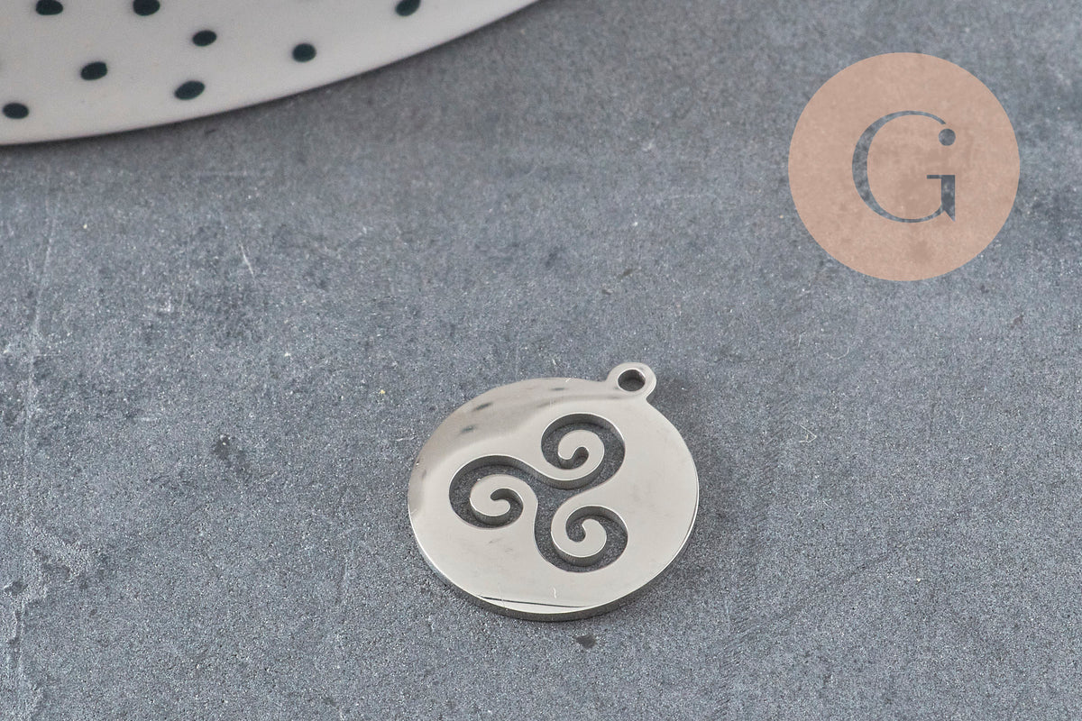 Pendentif rond triskel acier 201 inoxydable platine 17.5mm, x1 VALIDE-Breloques et pendentifs-Gingerlily Perles