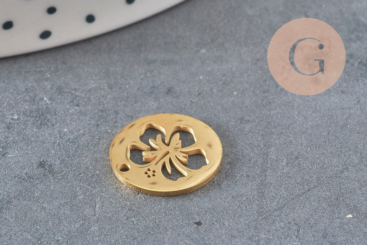Pendentif médaille fleur tropicale acier 201 inoxydable doré 15mm x1 VALIDE-Breloques et pendentifs-Gingerlily Perles