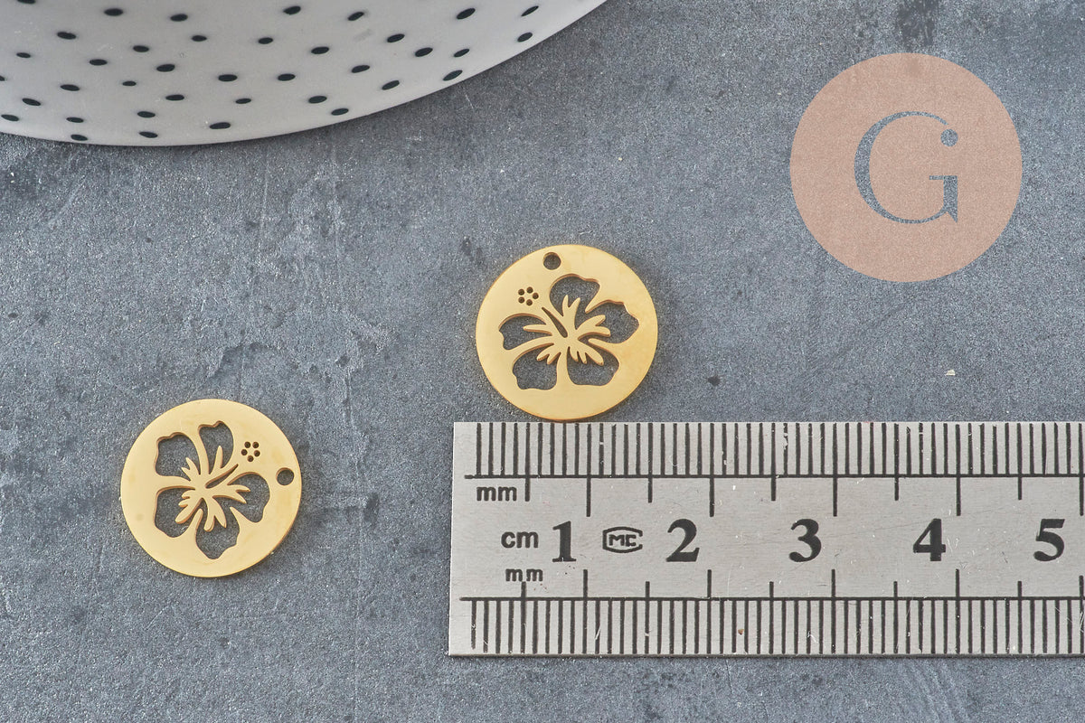 Pendentif médaille fleur tropicale acier 201 inoxydable doré 15mm x1 VALIDE-Breloques et pendentifs-Gingerlily Perles