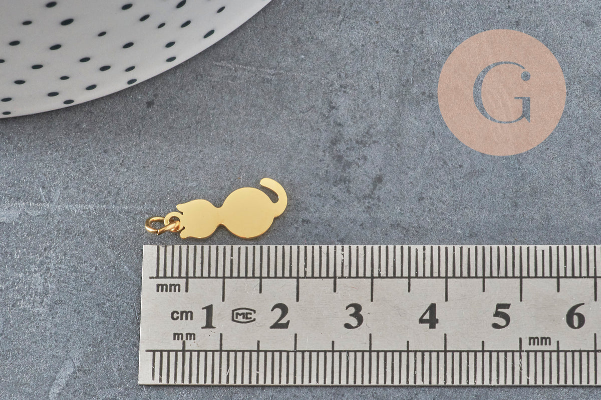 Pendentif chat acier 201 doré inoxydable 17mm, x1 VALIDE-Breloques et pendentifs-Gingerlily Perles