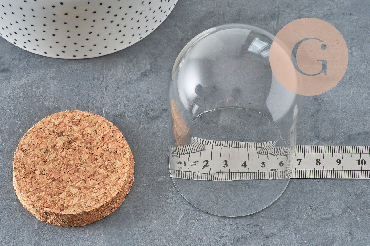 Cloche en verre et support en liège 10cm, x1 (G11392) VALIDE-Boite de rangement-Gingerlily Perles