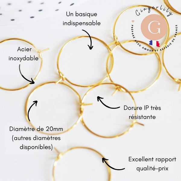 Anneau créole acier 304 doré inoxydable 20mm dorure IP, création boucles, x20 ou x50 (G7703)
