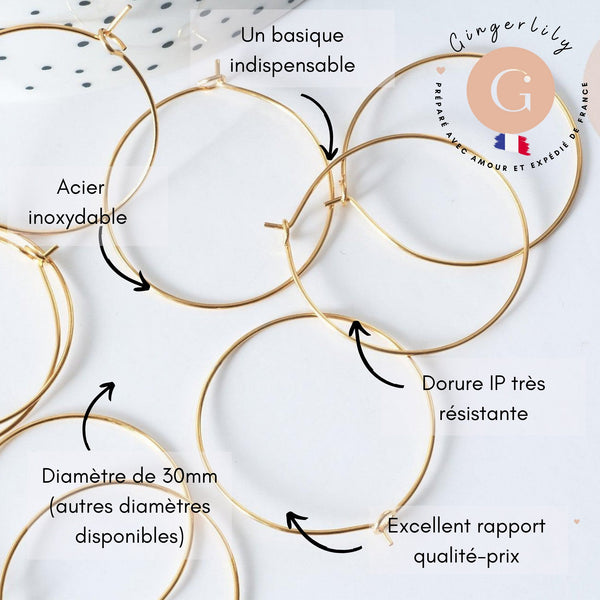 Anneau créole acier 304 doré inoxydable 30mm dorure IP, x20 ou x50 (G7704)