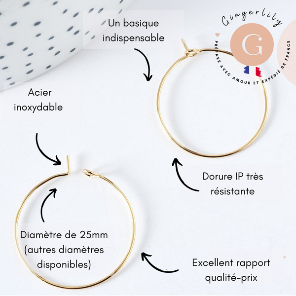 Anneaux créole acier inoxydable 304 doré 25mm, x20 (G8294)