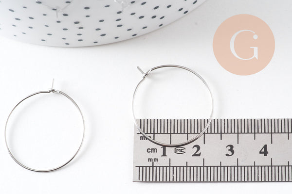 Anneaux créoles acier 304 inoxydable platine 25mm, x20-50-100 (G10845)