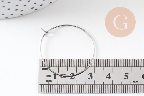 Anneaux créoles acier 304 inoxydable platine 30mm, x20-50-100 (G10844)