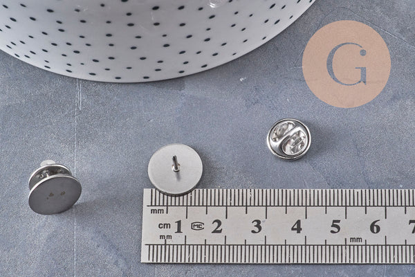 Attache et support pour pin's acier inoxydable platine 14mm, x5 (G10962)