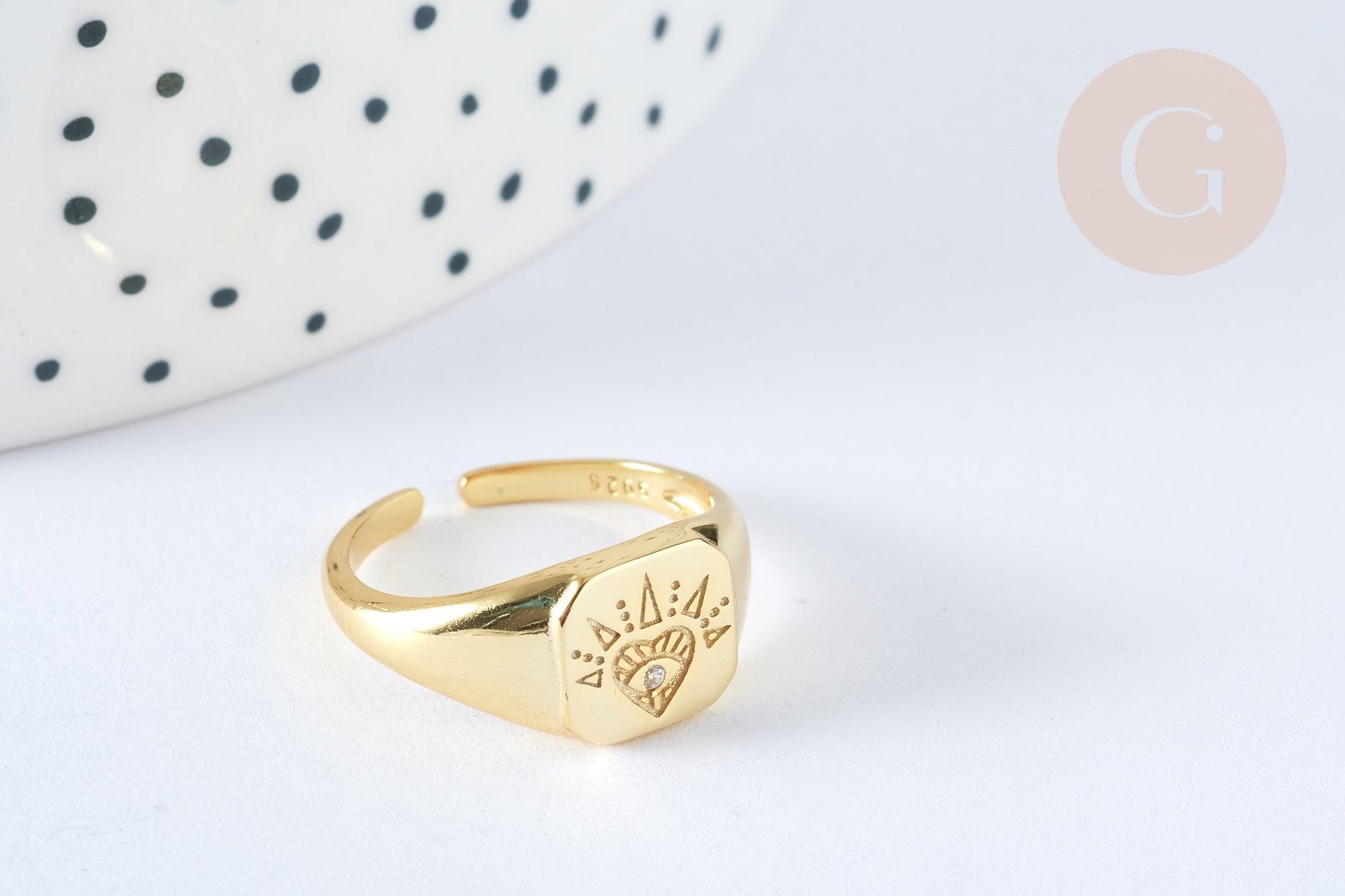 Bague chevalière coeur zircon argent massif 925 doré 24K, x1 (G7233)