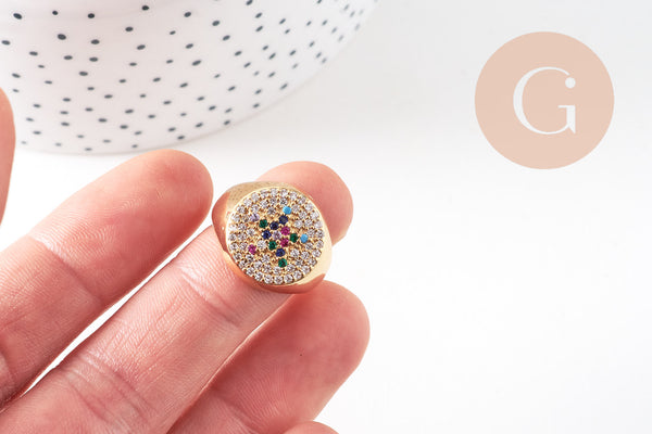 Bague chevalière laiton or zircon 17mm,x1 (G4332)