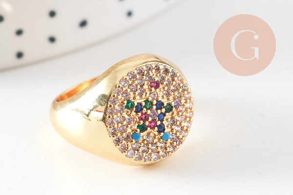 Bague chevalière laiton or zircon 17mm,x1 (G4332)