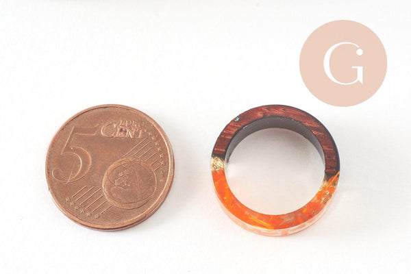 Bague ébène bois résine feuille d'or orange 16mm, x1 (G3287)