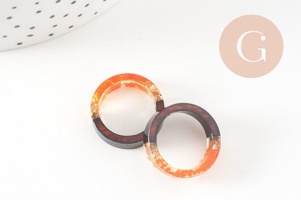 Bague ébène bois résine feuille d'or orange 16mm, x1 (G3287)