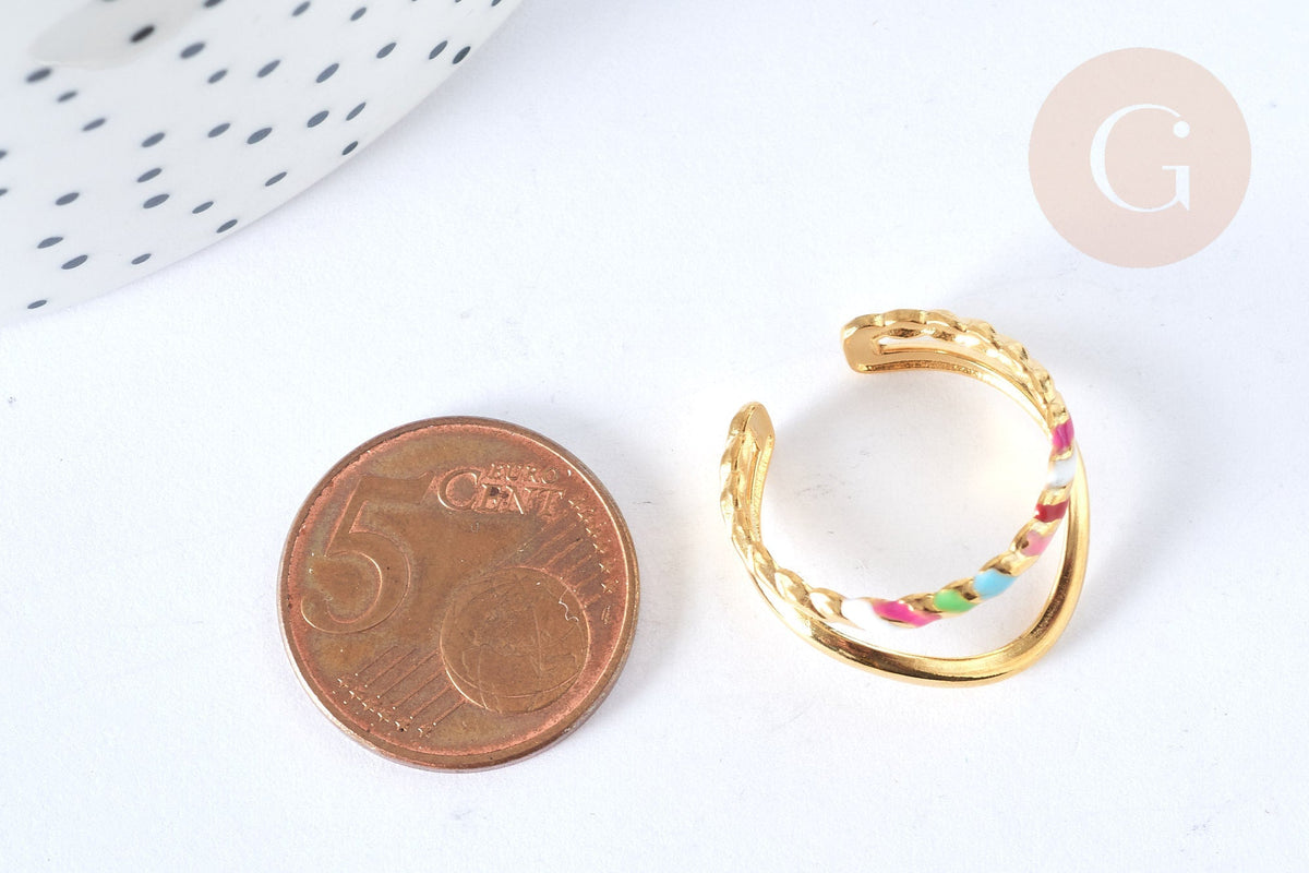 Bague fine réglable V acier inoxydable doré émail multicolore Taille 54, x1 (G7004)