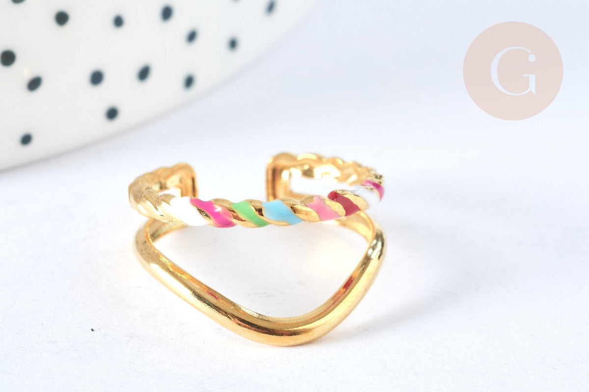 Bague fine réglable V acier inoxydable doré émail multicolore Taille 54, x1 (G7004)