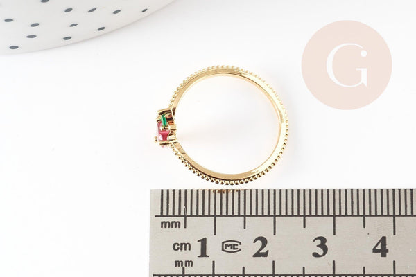 Bague fruit fraise laiton doré 16K zircons, x1 (G9156)