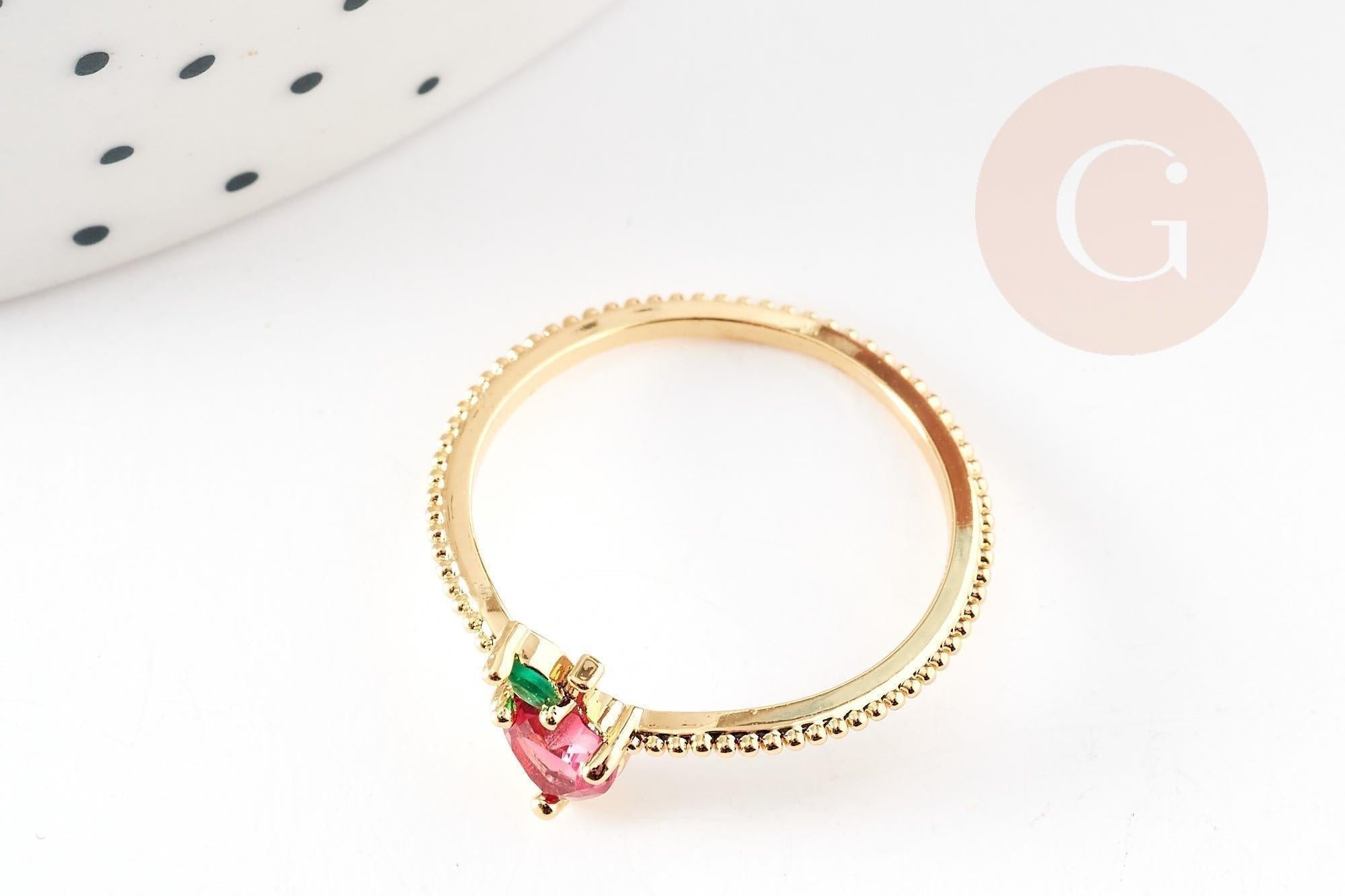 Bague fruit fraise laiton doré 16K zircons, x1 (G9156)