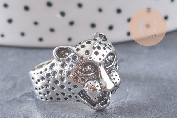 Bague homme argenté tête léopard 18mm, x1 (G0661)