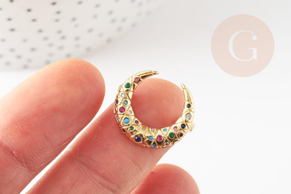 Bague laiton doré lune zircon coloré 17mm, x1 (G4256)