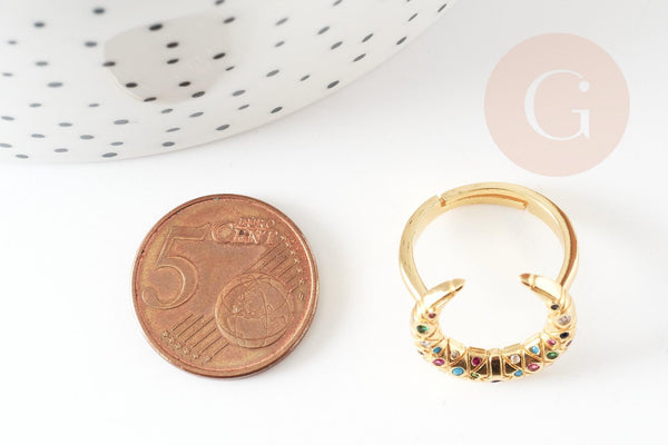 Bague laiton doré lune zircon coloré 17mm, x1 (G4256)