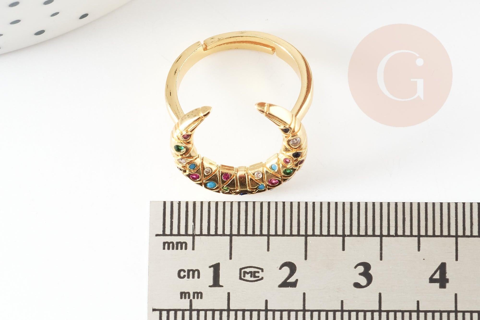 Bague laiton doré lune zircon coloré 17mm, x1 (G4256)