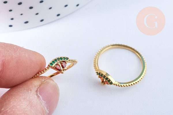 Bague pastèque fruit laiton doré 16K zircons rouges x1 (G6575)