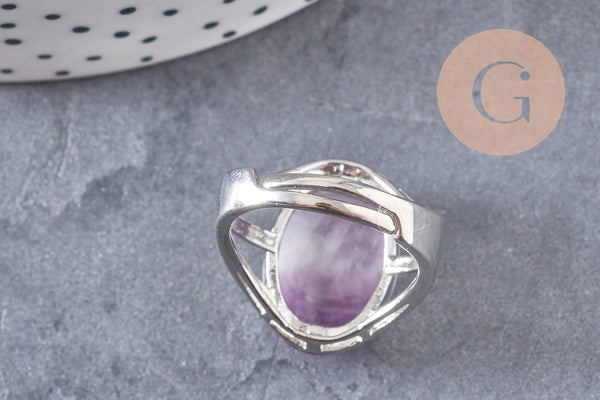 Bague réglable argentée améthyste naturelle 18mm, x1 (G6374)