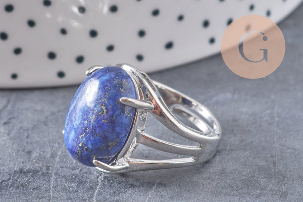 Bague réglable argentée lapis lazuli naturelle 18mm, x1 (G2634)