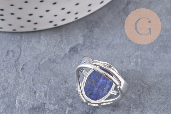 Bague réglable argentée lapis lazuli naturelle 18mm, x1 (G2634)
