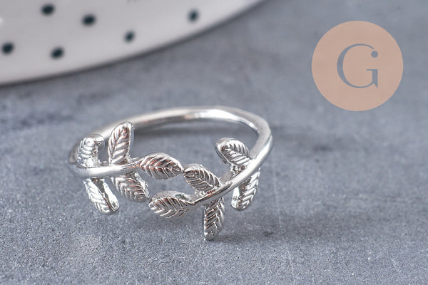 Bague réglable branche argenté et feuille 15mm, x1 (G0219)