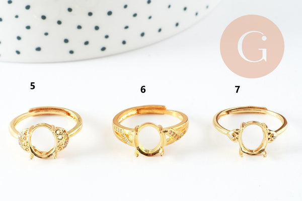 Bague réglable cabochon laiton doré zircon 17mm, x1 (G3959)