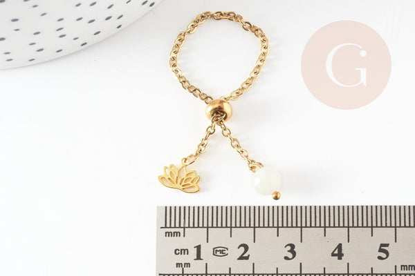 Bague réglable chaine acier lotus & perle 96mm, x1 (G5795)