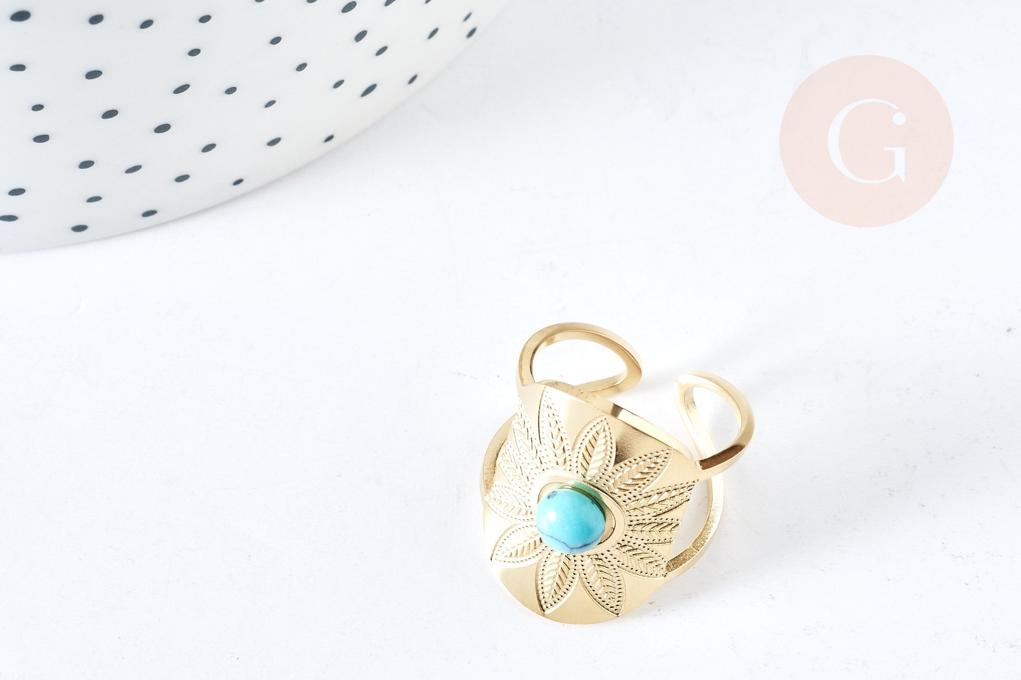 Bague réglable dentelle Plumes pierre turquoise acier doré Taille 54, x1 (G7637)