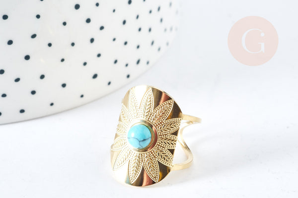 Bague réglable dentelle Plumes pierre turquoise acier doré Taille 54, x1 (G7637)