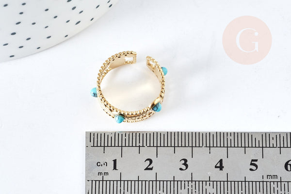 Bague réglable dentelle pierre turquoise synthèse acier doré Taille 54, x1 (G7638)