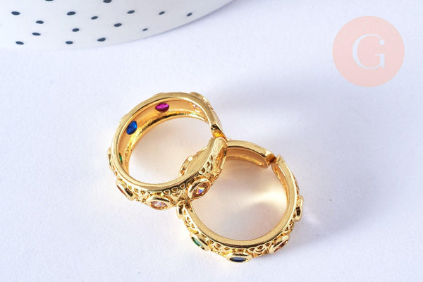 Bague réglable dorée 18k zircons colorés 18.5mm, x1 (G6885)