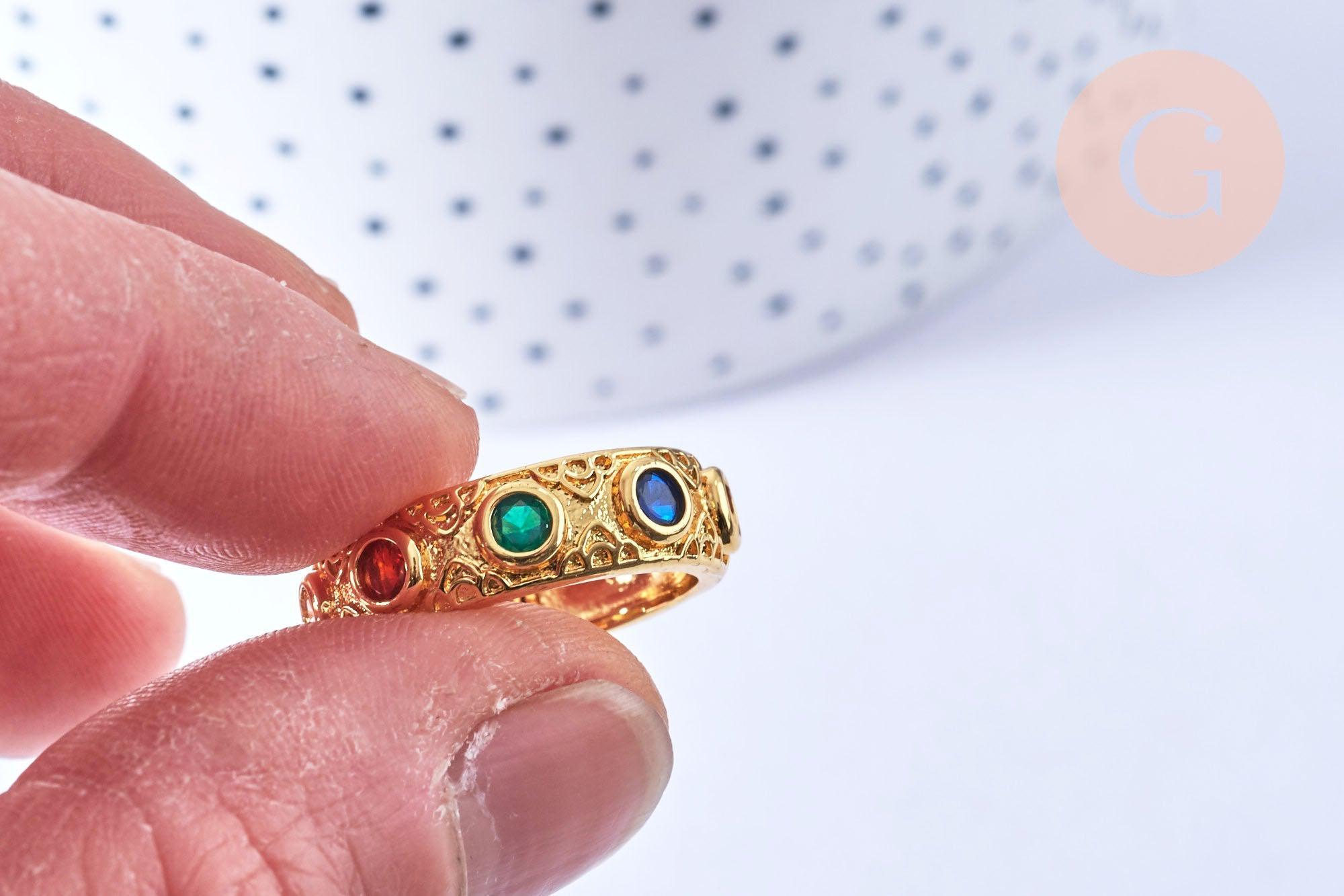 Bague réglable dorée 18k zircons colorés 18.5mm, x1 (G6885)