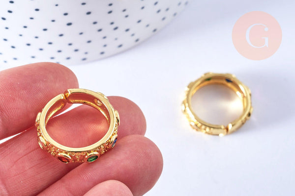 Bague réglable dorée 18k zircons colorés 18.5mm, x1 (G6885)