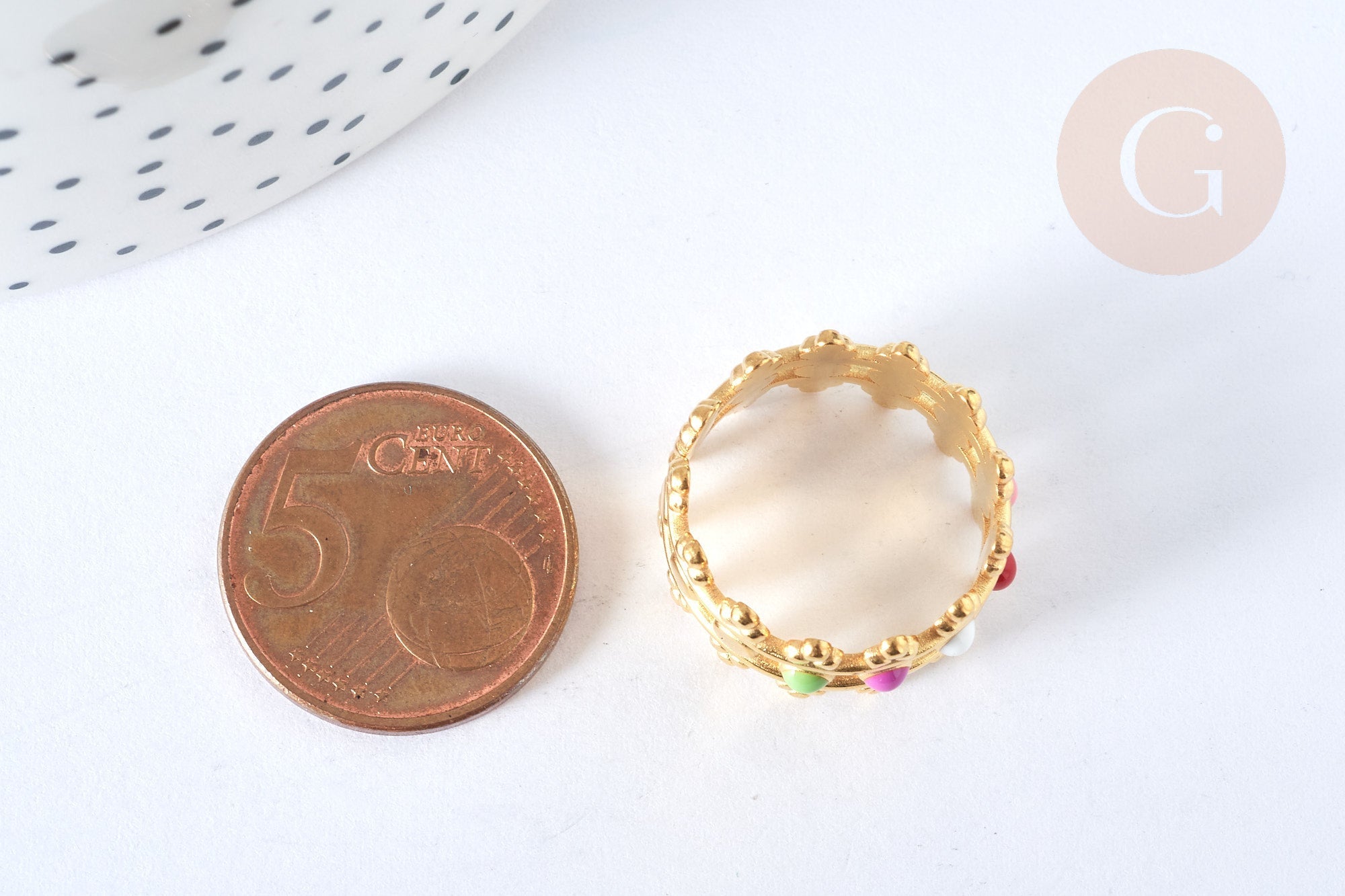 Bague réglable fantaisie acier inoxydable doré émail multicolore Taille 54, x1 (G7006)