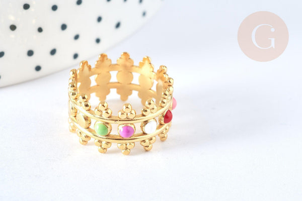 Bague réglable fantaisie acier inoxydable doré émail multicolore Taille 54, x1 (G7006)