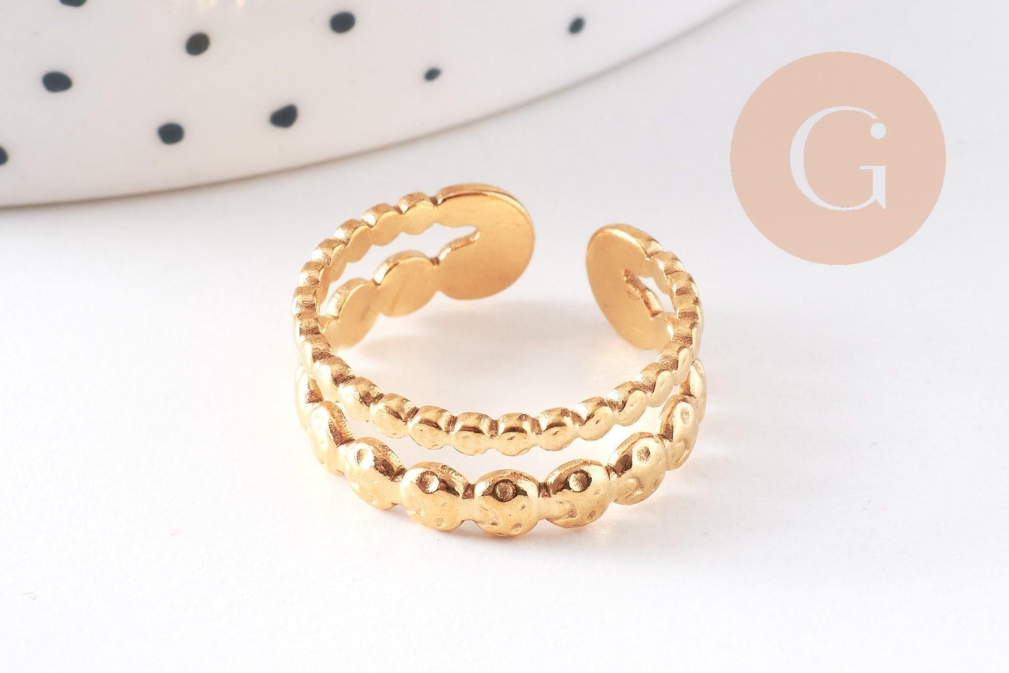 Bague réglable fantaisie boules acier 304 inoxydable doré ou platine, x1 (G10363)