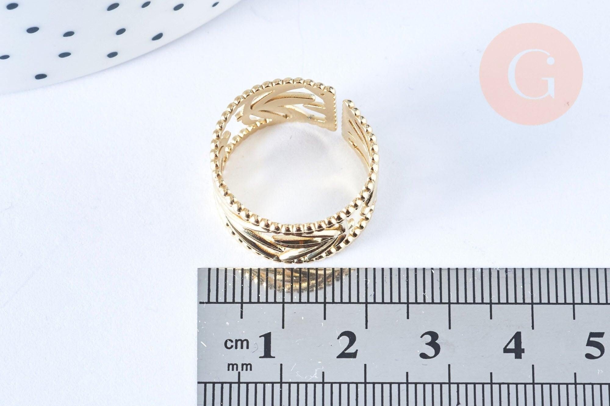 Bague réglable feuille acier doré taille 54, x1 (G6603)