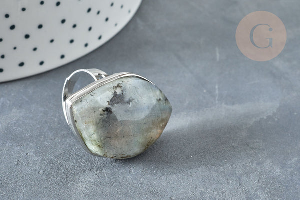 Bague réglable feuille laiton argenté labradorite naturelle 18.5mm,x1 (G7365)