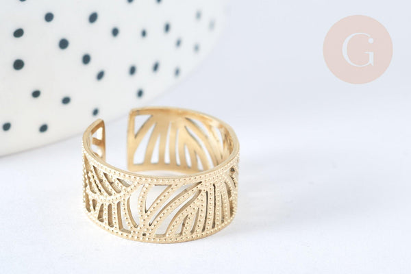 Bague réglable feuille végétal acier doré taille 57, x1 (G7026)