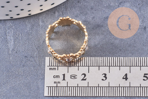 Bague réglable fleurs marguerites et zircons acier doré 304 inoxydable IP taille 54, x1 (G10692)