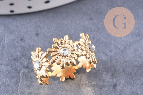 Bague réglable fleurs marguerites et zircons acier doré 304 inoxydable IP taille 54, x1 (G10692)