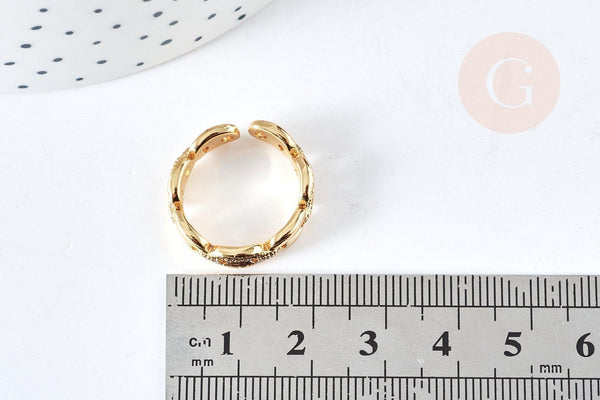 Bague réglable laiton doré 18K grain de café zircon 17mm, x1 (G4572)