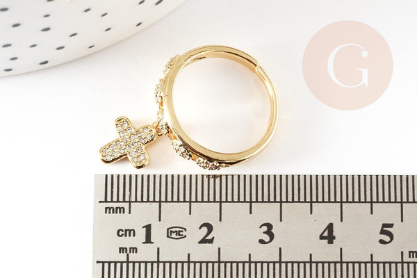 Bague réglable laiton doré breloque croix zircon 17mm, x1 (G4825)