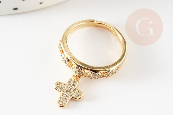 Bague réglable laiton doré breloque croix zircon 17mm, x1 (G4825)