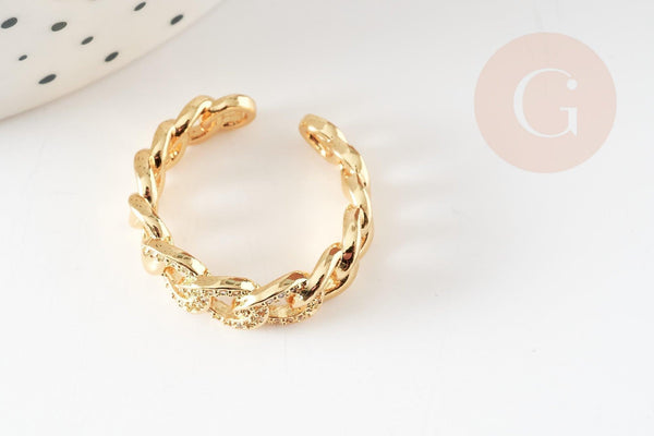 Bague réglable laiton doré chaine et zircon 16mm, x1 (G4357)