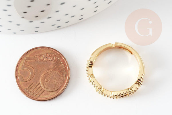 Bague réglable laiton doré chaine et zircon 17.3mm, x1 (G3456)